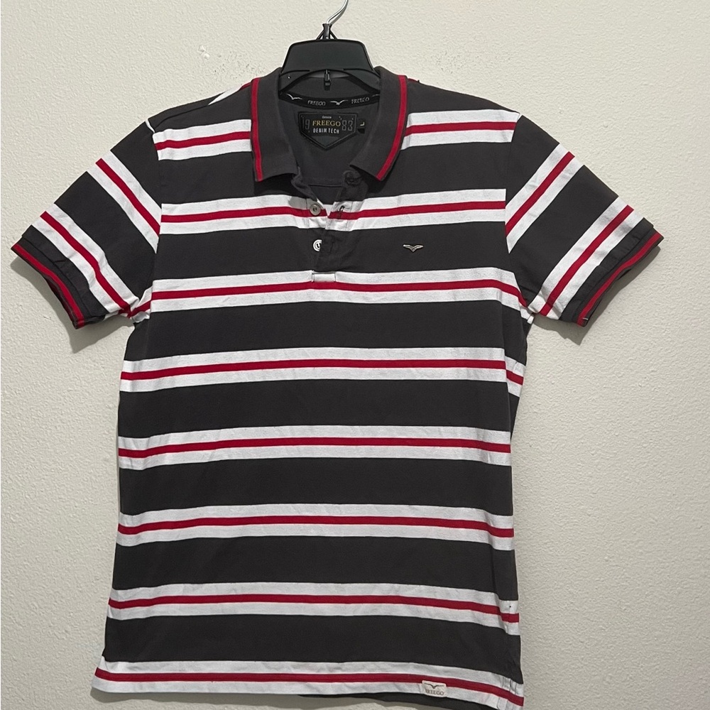 Freego Denim Tech Men's Striped Polo Shirt - Black, White, and Red